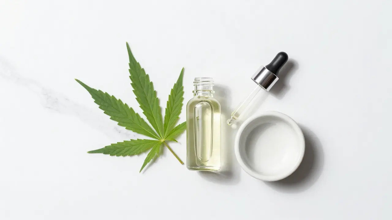 Lahev CBD oleje a konopné listy na čistém mramorovém povrchu.