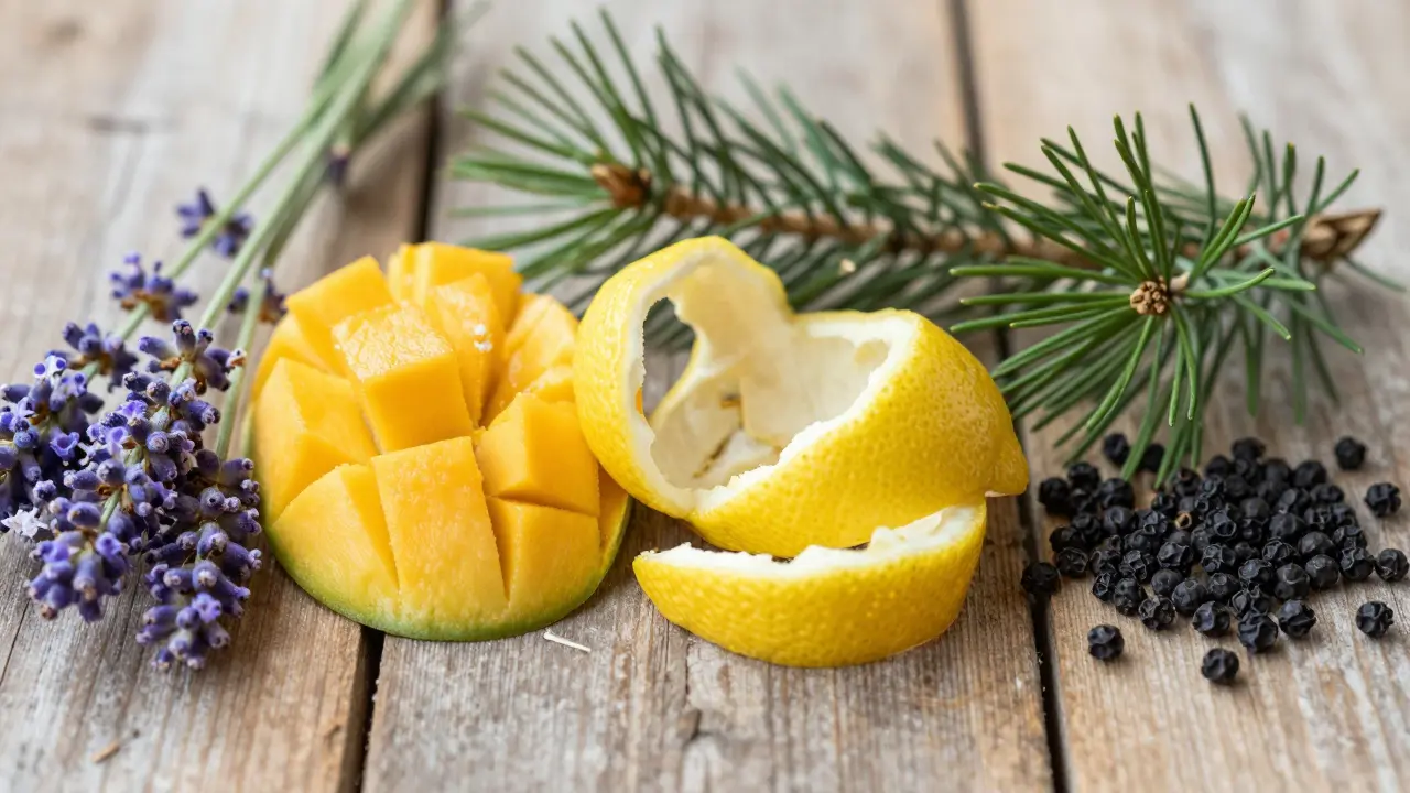 Lavanda, citron a pepř symbolizující různé terpeny