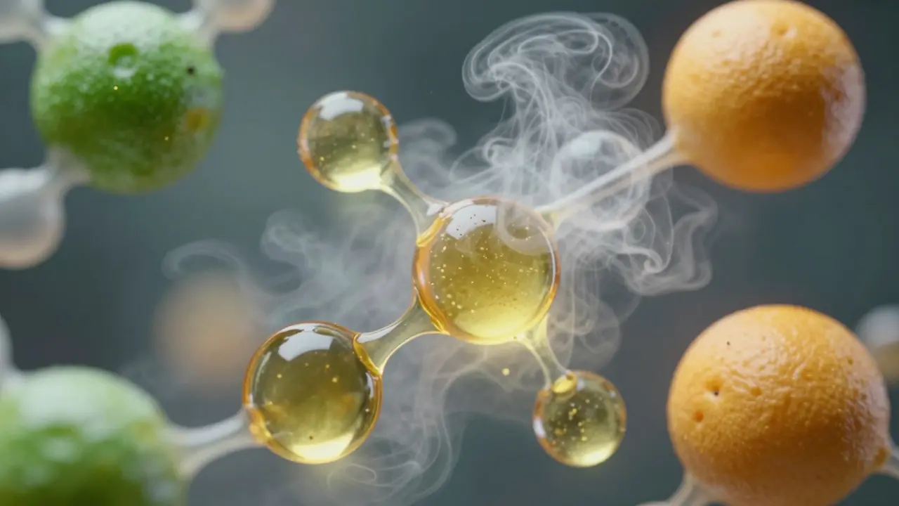 Makro záběr na kapky konopného oleje a molekuly terpenů
