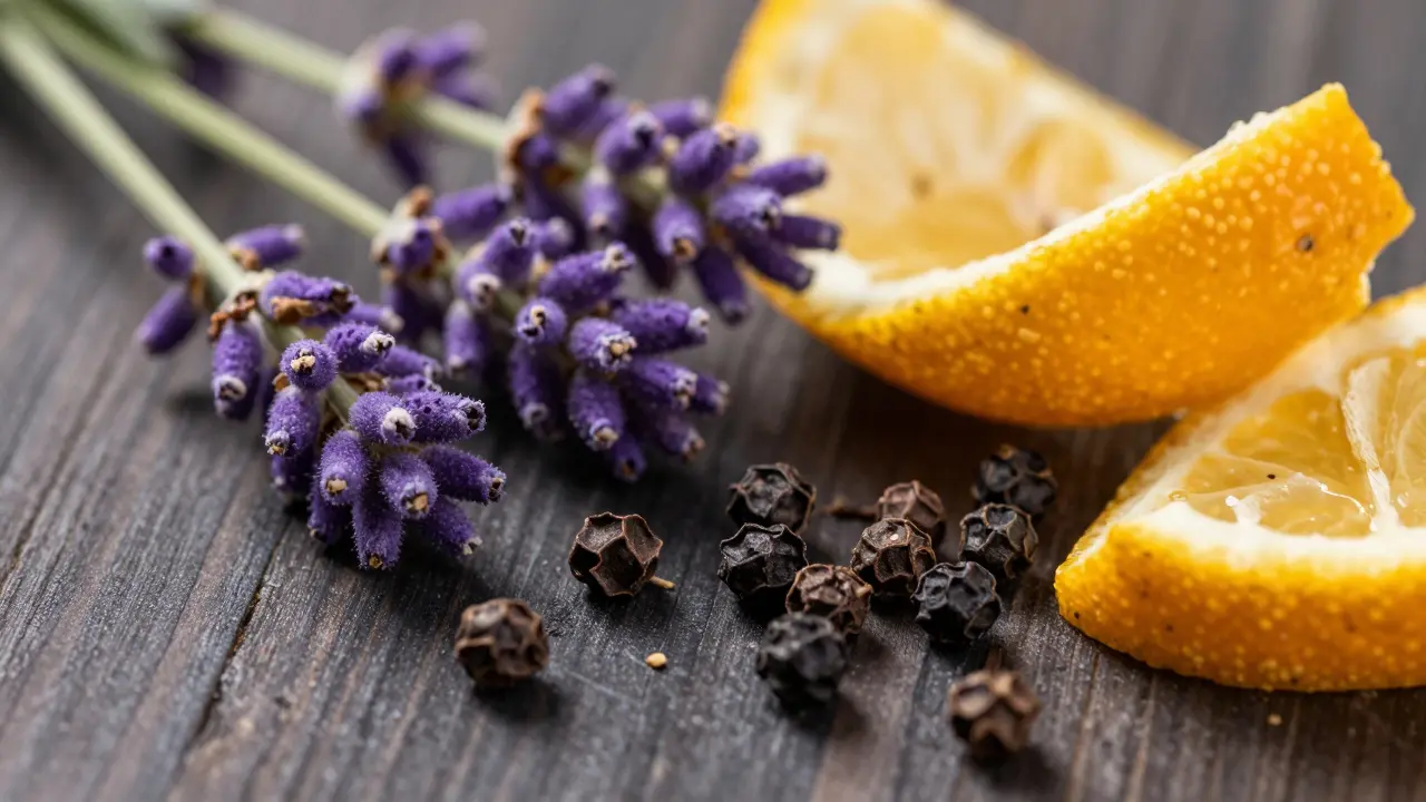 Makro záběr na levanduli, pepř a citrusy jako přírodní terpeny pro wellnes.