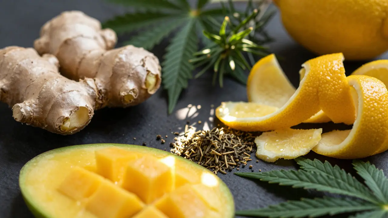 Mango, citron a borovice symbolizující různé terpény a jejich účinky.