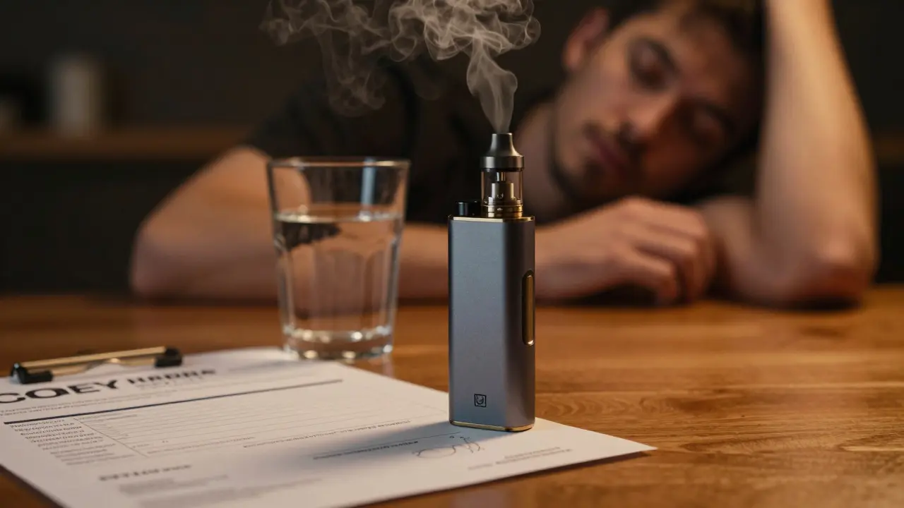 Vape zařízení a sklenice vody v atmosféře opatrnosti