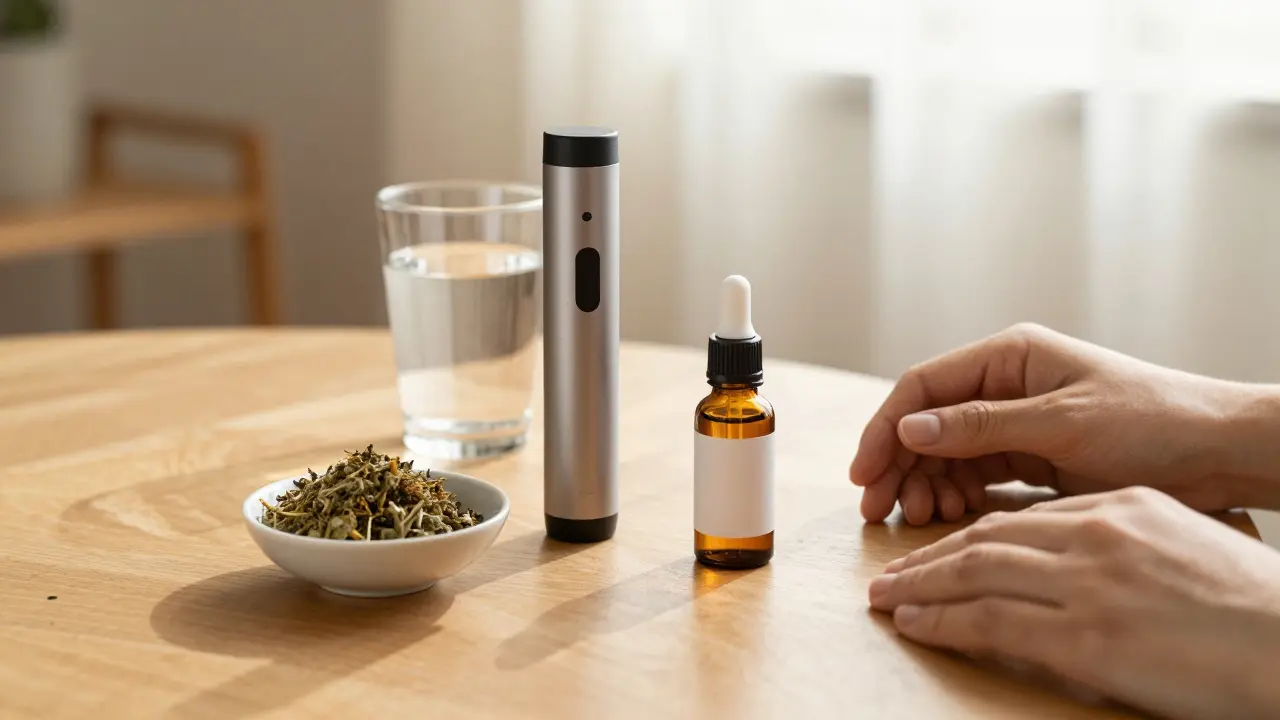 Vaporizér a CBD olej na stole symbolizují klid
