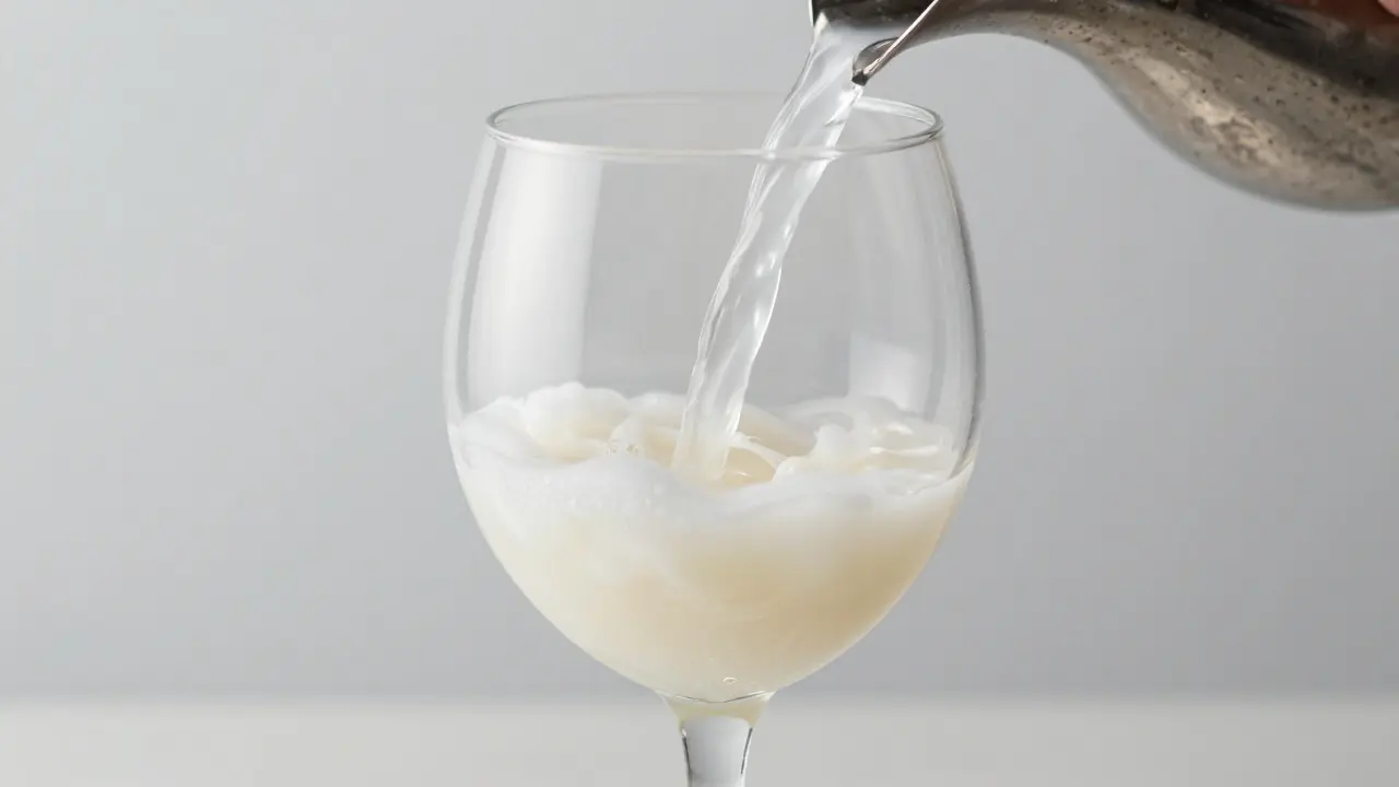 Detail louche efektu: absinth se zakaluje při přidávání studené vody do sklenice
