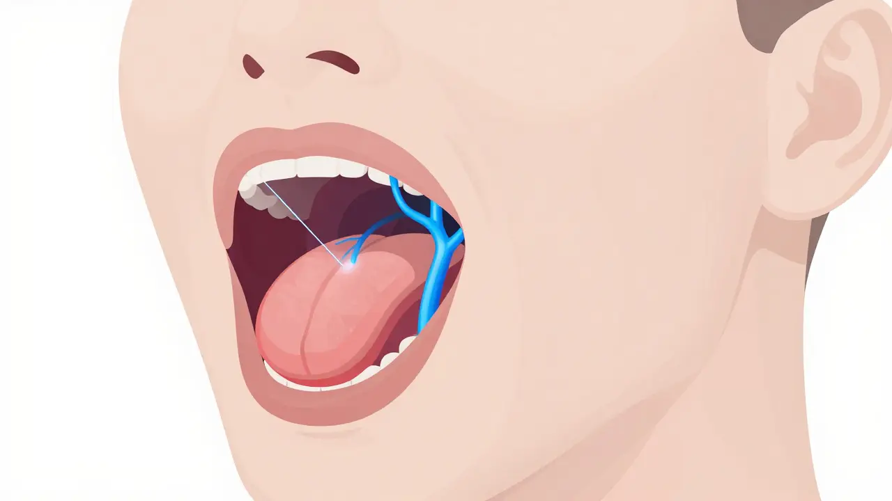 Ilustrace podjazykové aplikace CBD oleje a vstřebávání do krve