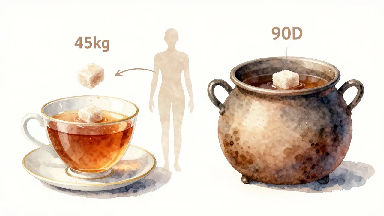 Ilustrace s hrnky čaje zobrazující rozdíl v účinku látek podle hmotnosti