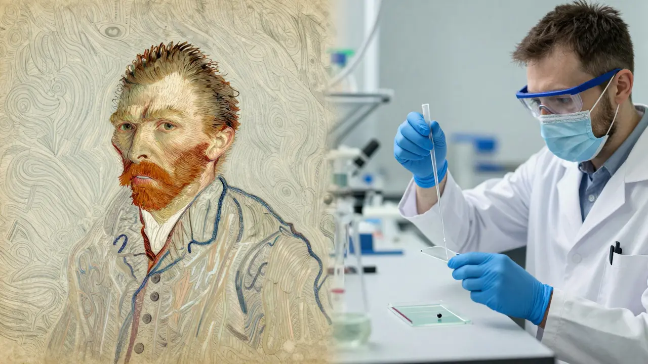 Konceptuální ilustrace porovnávající mýty o Van Goghovalucinacích s moderní vědou