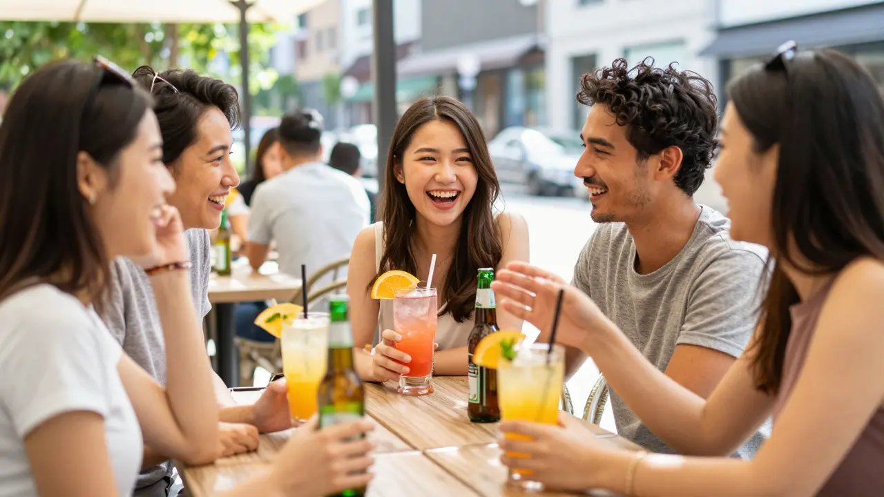 Přátelé si užívají CBD nápoje a konopné pivo v kavárně