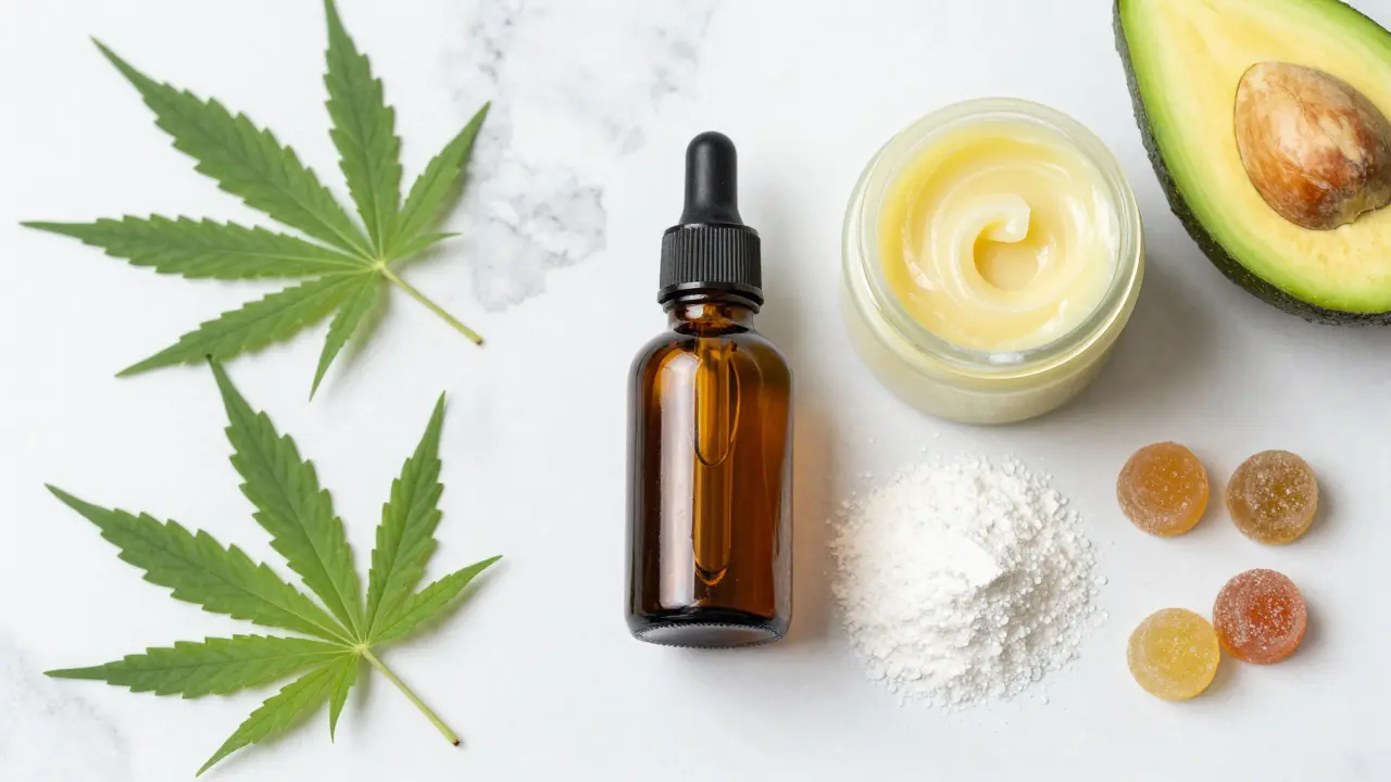 Různé formy CBD: kapky, krystaly, krém a gumičky