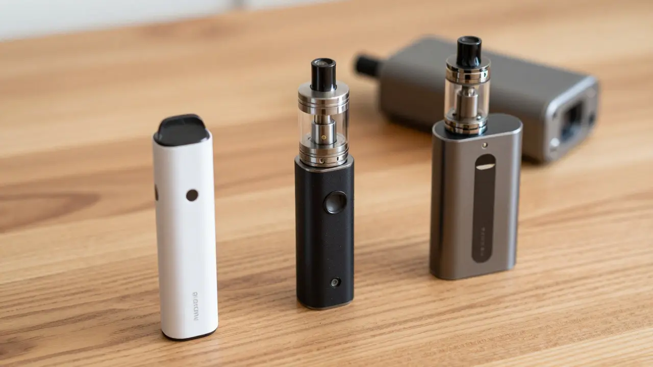 Srovnání jednoduchých a složitých vape zařízení na stole