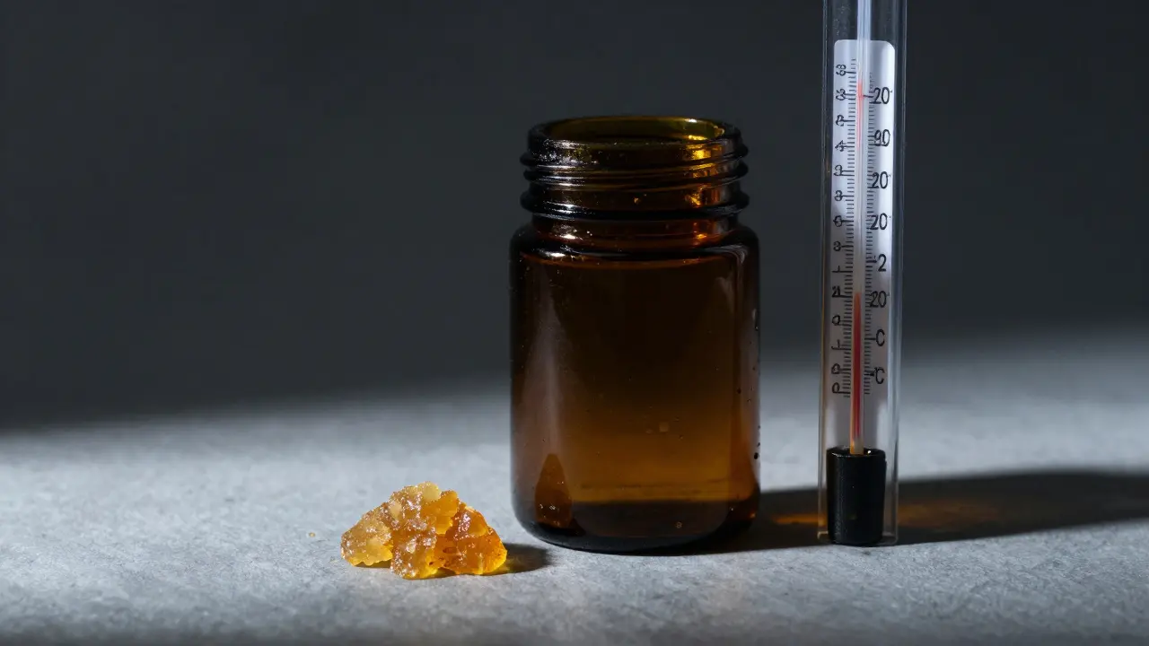 Uzavřená nádoba s CBD shatterem v chladu a temnu