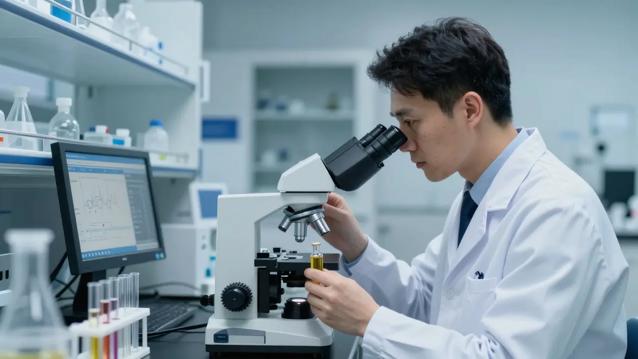 Vědec v laboratoři zkoumá konopný olej pod mikroskopem