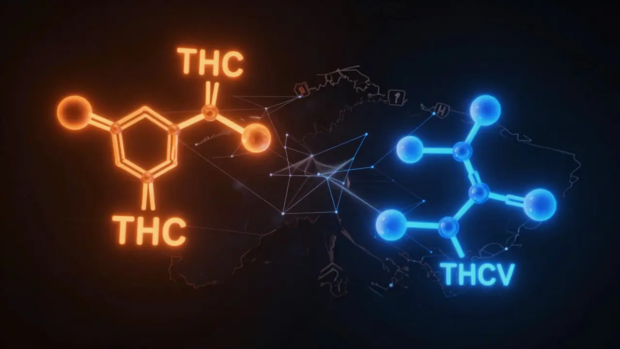 Abstraktní vizualizace molekul THC a THCV s konturou ČR