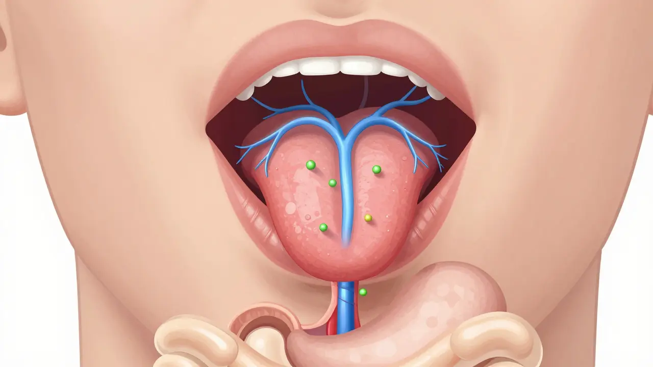 Ilustrace vstřebávání kanabinoidů pod jazykem do krevního oběhu