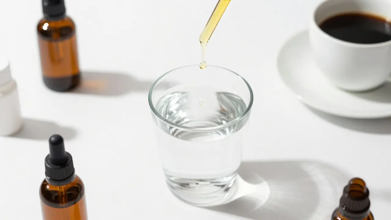 Kapka CBD oleje nad sklenicí vody v minimalistickém stylu
