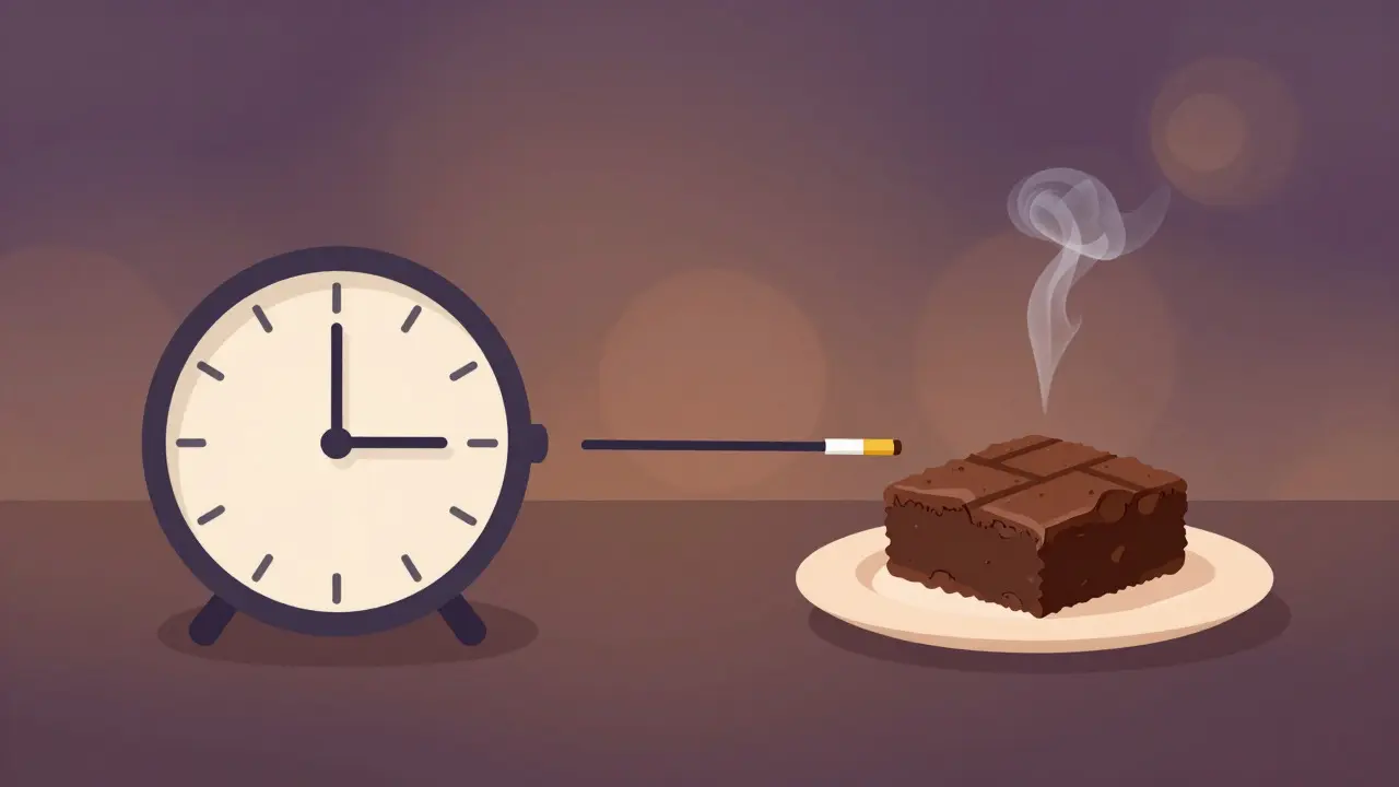 Konceptuální ilustrace pomalého nástupu účinků edibles