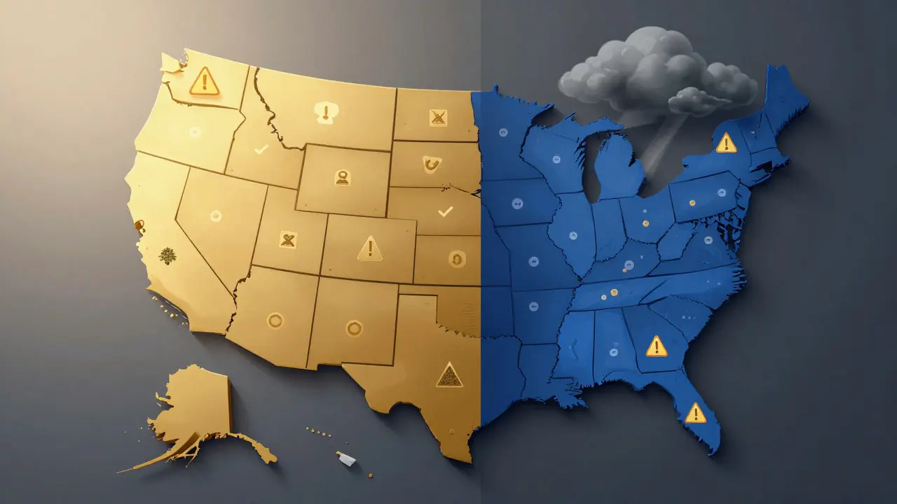 Mapa USA rozdělená na legální a přísné státy ohledně THCV