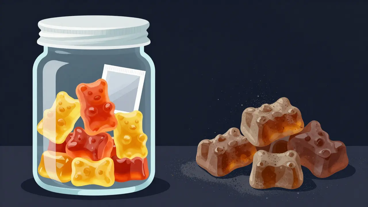 Srovnání správně skladovaných a zhoršených edibles v nádobách