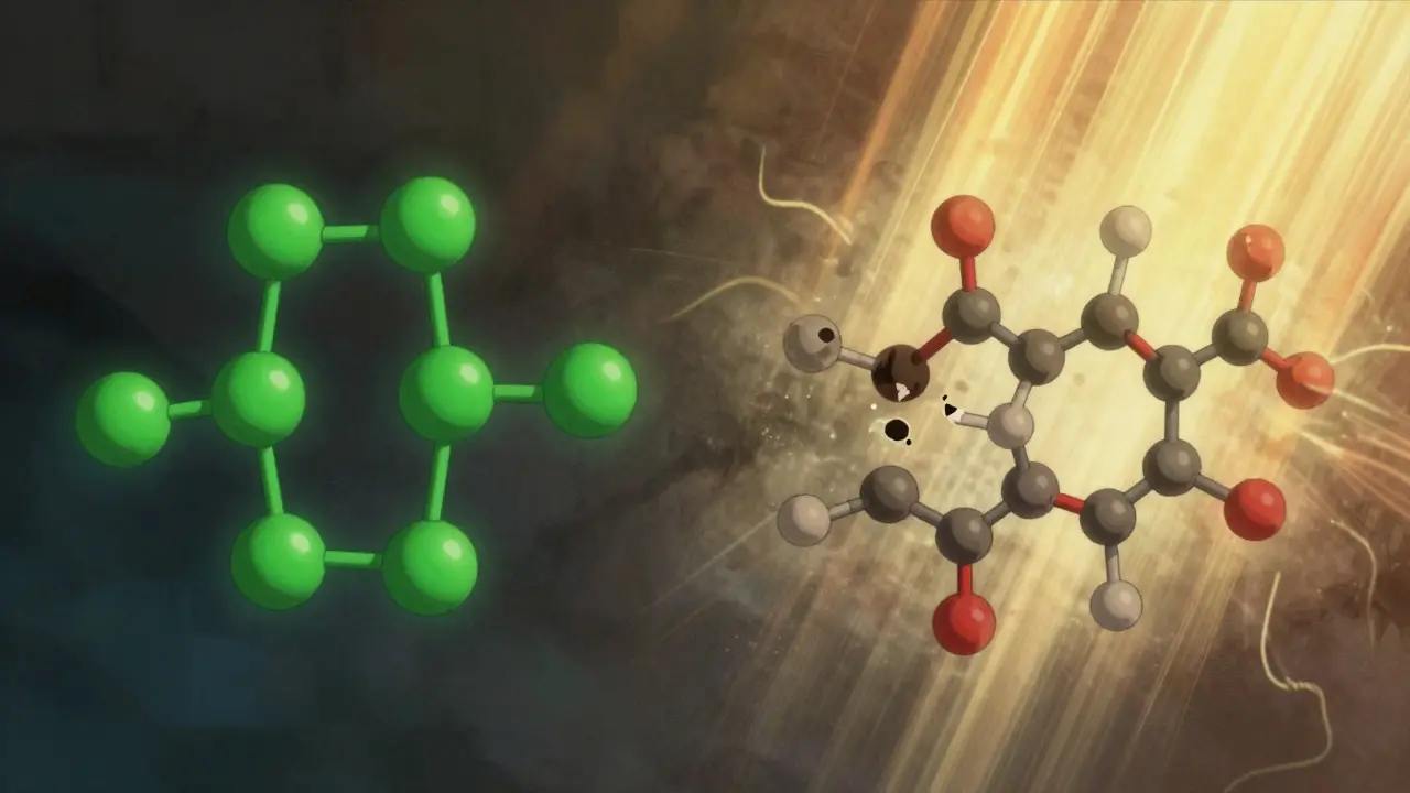 Abstract illustration of cannabinoid molecules degrading under light and heat