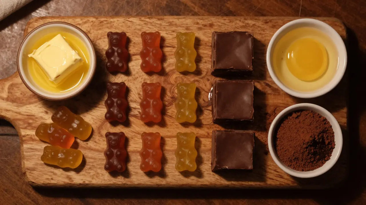 Domácí edibles s THCV, máslo a kakao na dřevěné desce