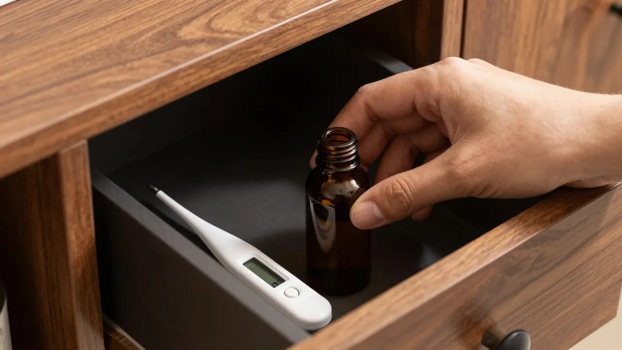 Hand storing a tincture bottle in a dark medicine cabinet drawer