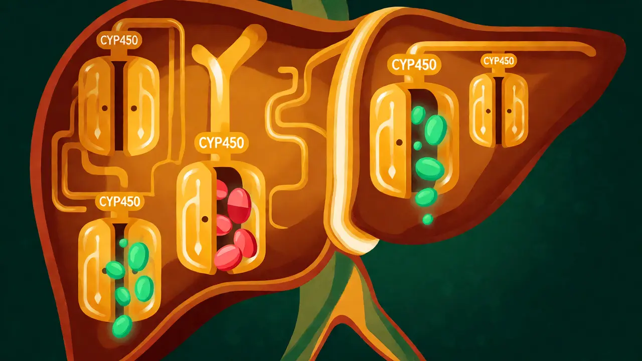 Ilustrace jater a enzymů CYP450 blokovaných molekulami CBD