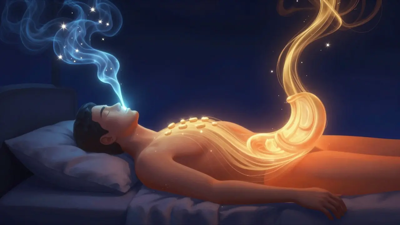 Konceptuální ilustrace rozdílu mezi rychlým a pomalým účinkem konopí
