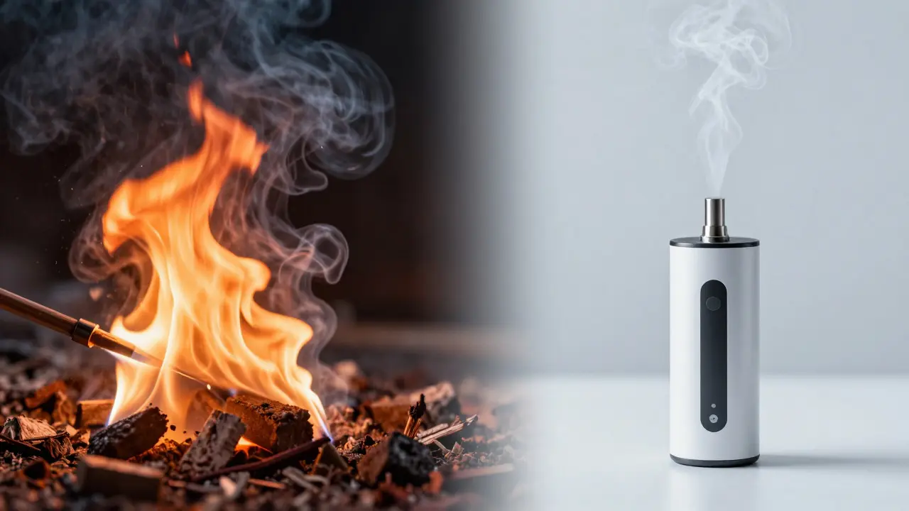 Kontrast mezi spalováním plamenem a čistou parou z vaporizéru