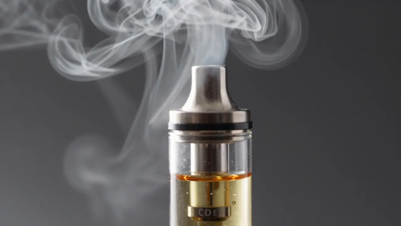 Makro záběr atomizéru vape zařízení s hustým oblakem páry