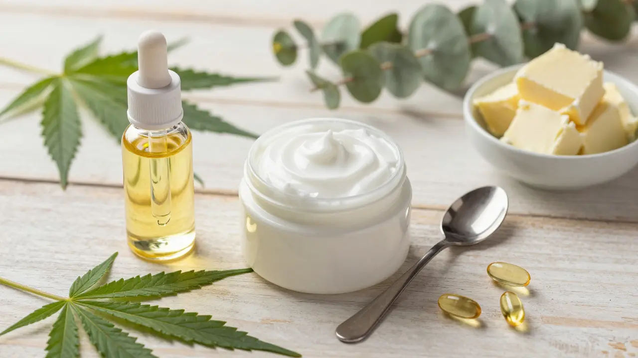 Sestava CBD produktů: kapky, mast a kapsle na dřevěném podkladu s bylinami