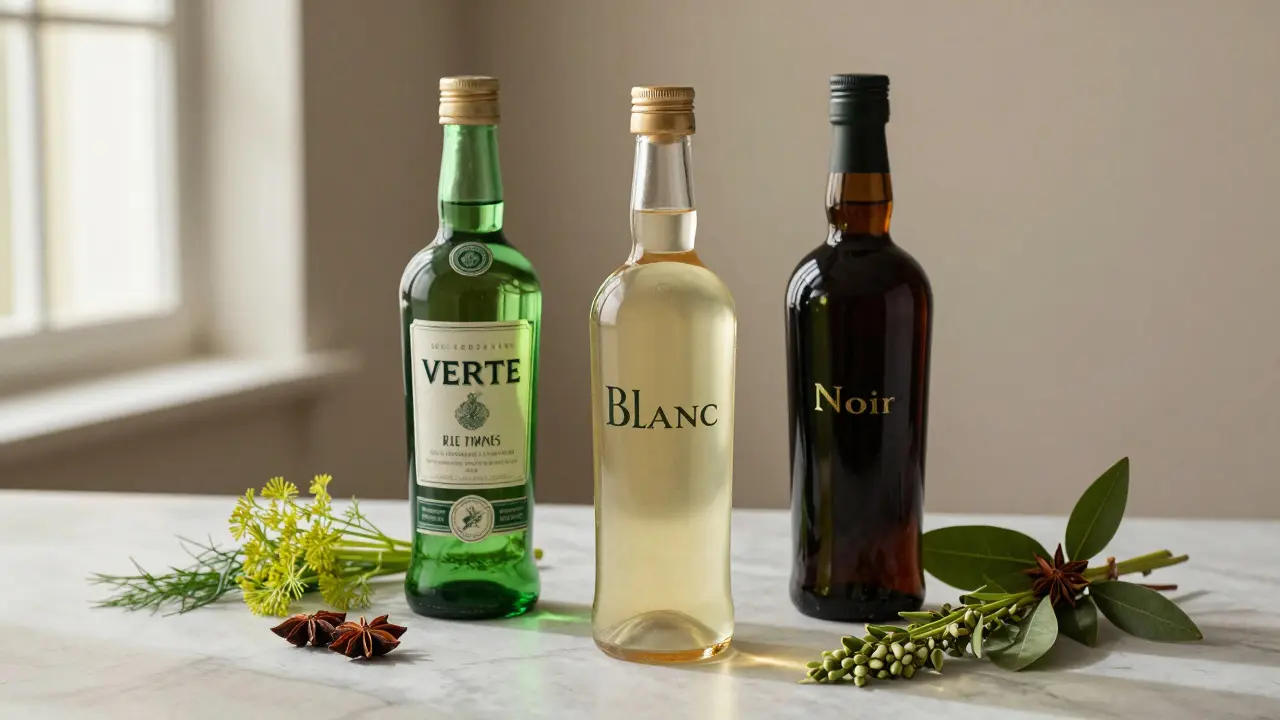 Tři typy absintu vedle čerstvých bylin jako anýz a pelyněk