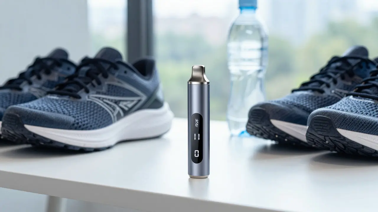 Vape pen vedle běžeckých bot na stole při denním světle