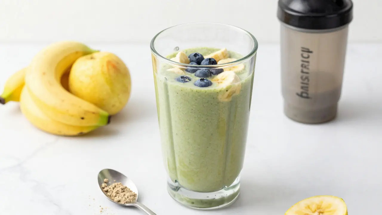 Zelený smoothie s konopným proteinem v mixéru s ovocem