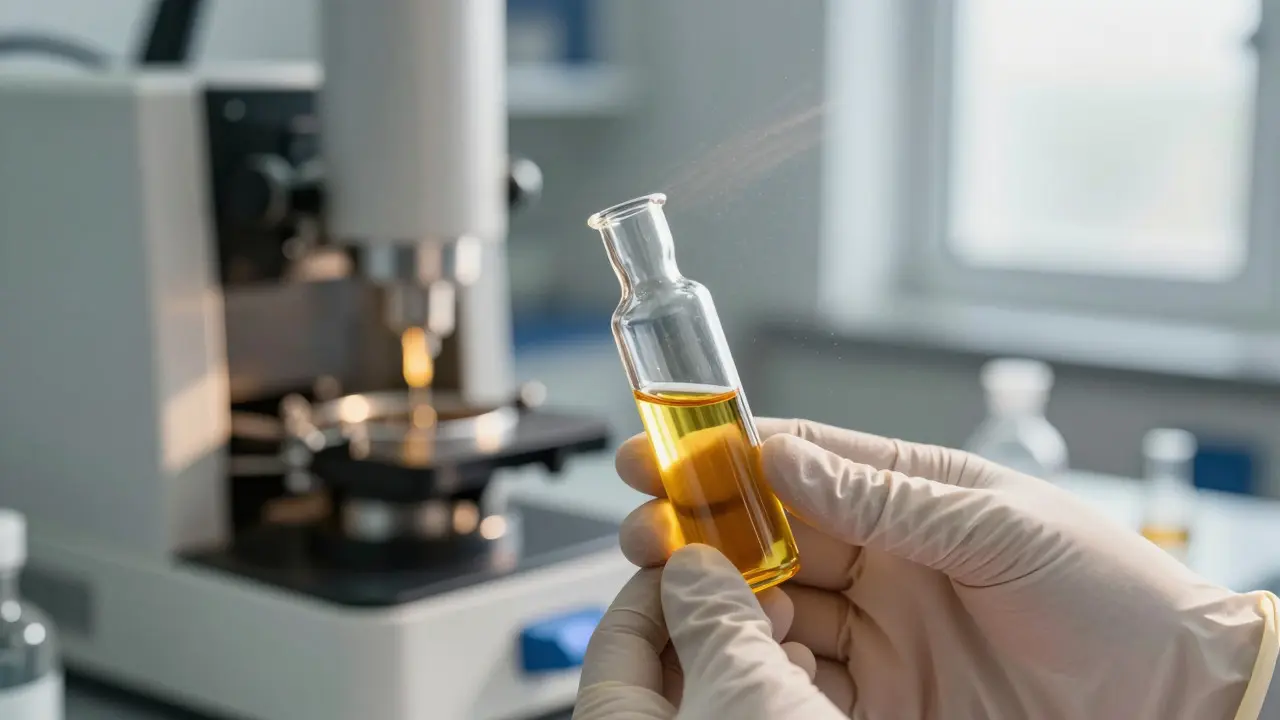 Zlatý olej kanabinoidu ve skleněné ampulce v laboratoři s přístroji na pozadí