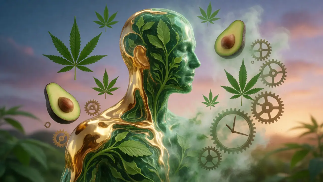 Abstraktní ilustrace lidského těla a metabolizmu CBD