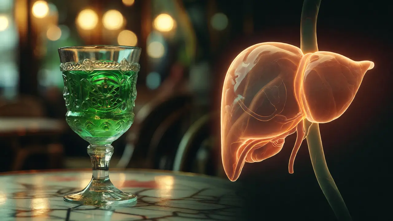 Konceptuální umění spojující sklenici absintu s ilustrací zdravých jater
