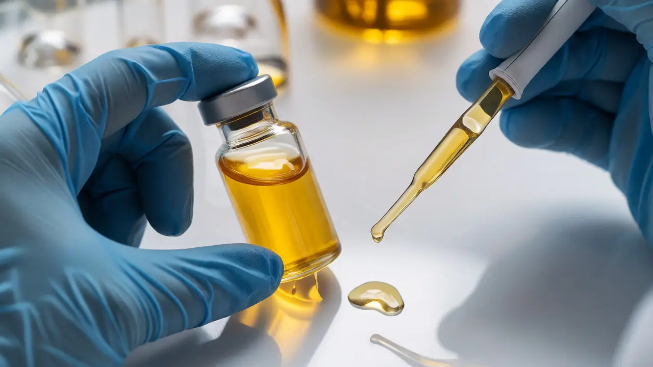 Laboratorní testování kvality oleje HHC ve skleněné nádobce