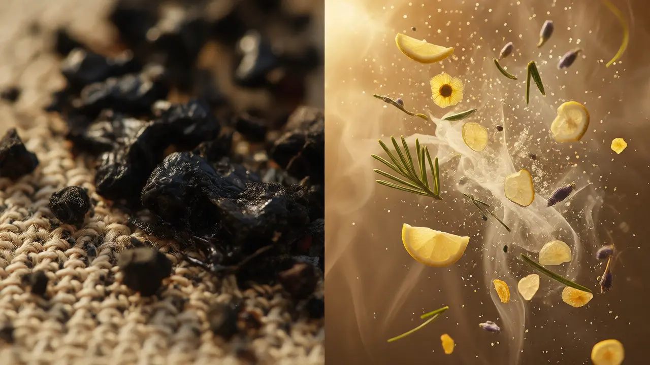 Makro pohled na rozptyl terpenů versus zbytky kouře