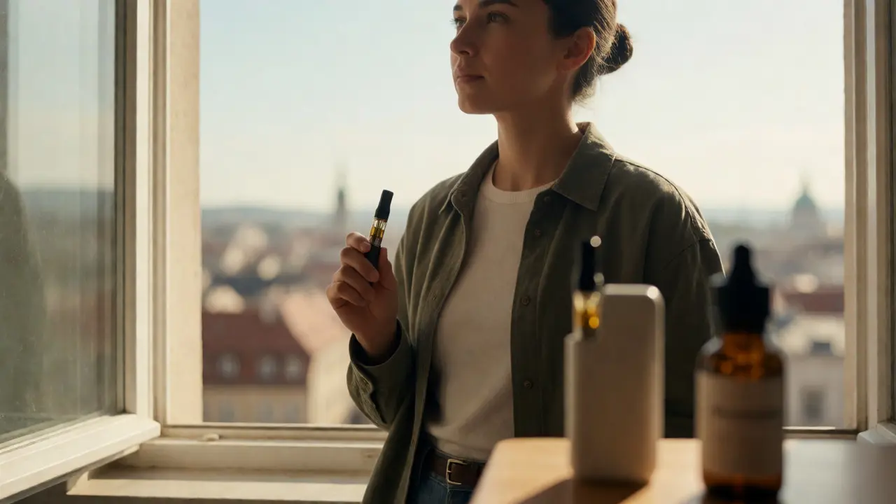 Mladý člověk drží CBD vape zařízení u okna v přirozeném světle