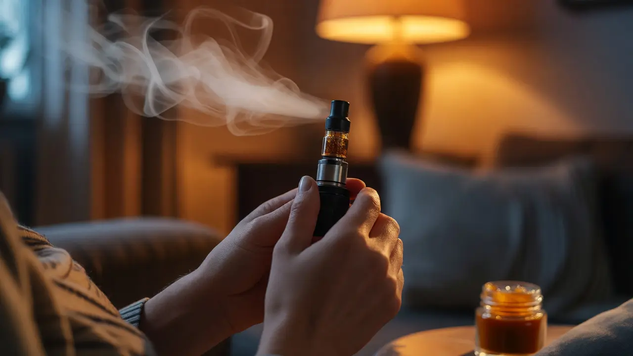 Osoba používající vape pero pro rychlou úlevu z CBD vosku v klidném prostředí