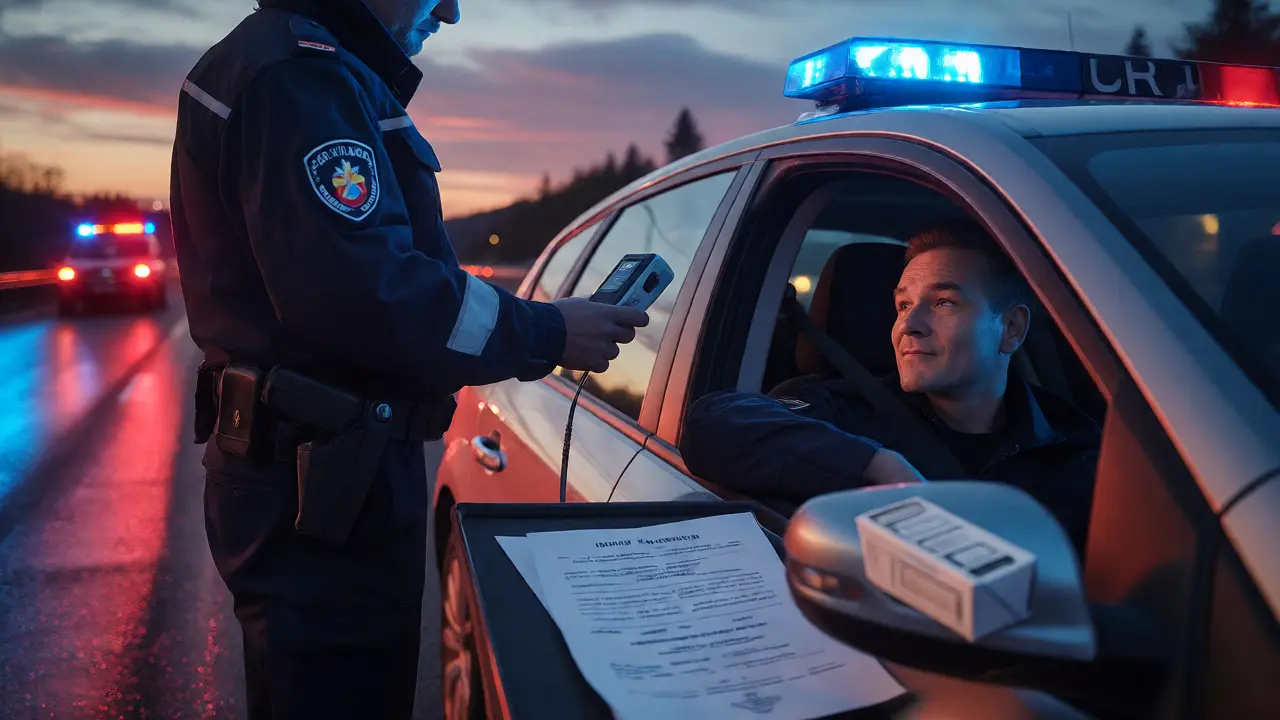 Policejní kontrola řidiče s dokumentací CBD produktu v autě.