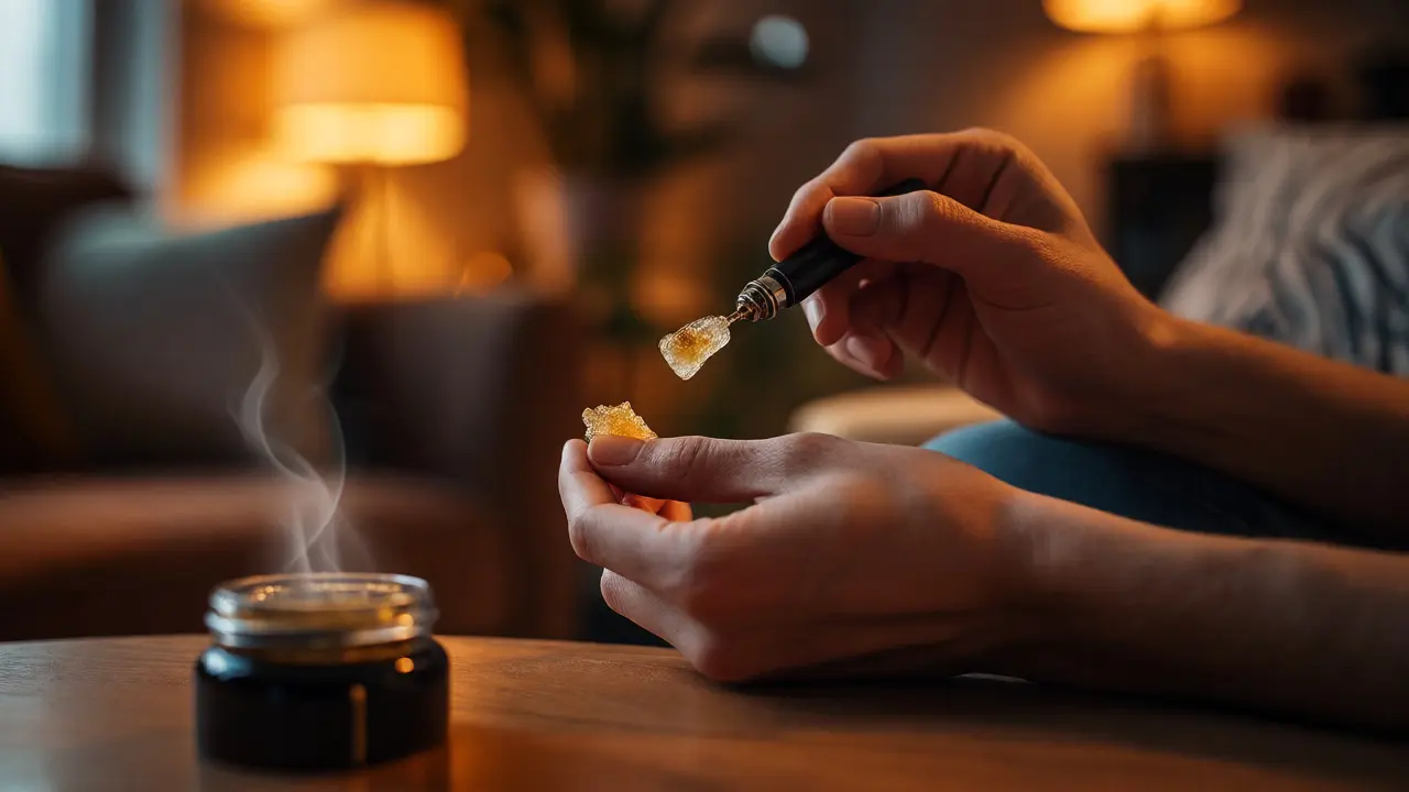 Ruce připravující dávku shatteru pro vapizaci v uvolněné atmosféře