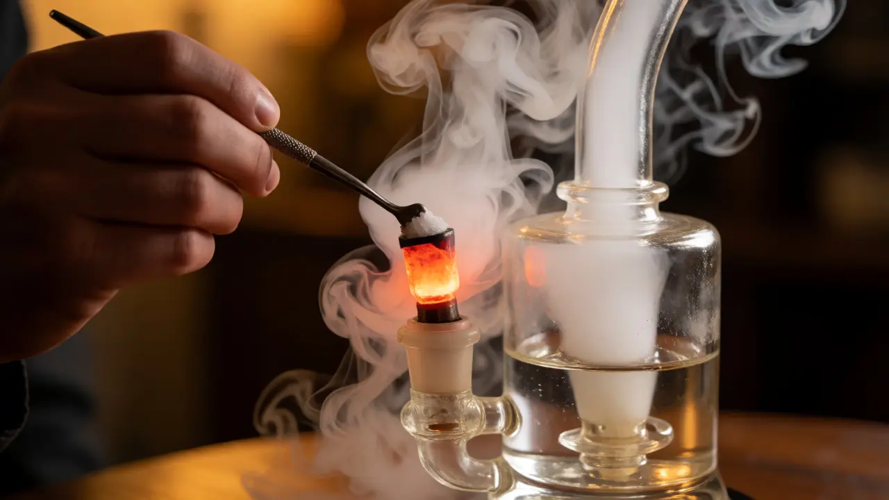Ruka aplikuje krystaly CBD na žhnoucí titanový nábitek při dabbingu