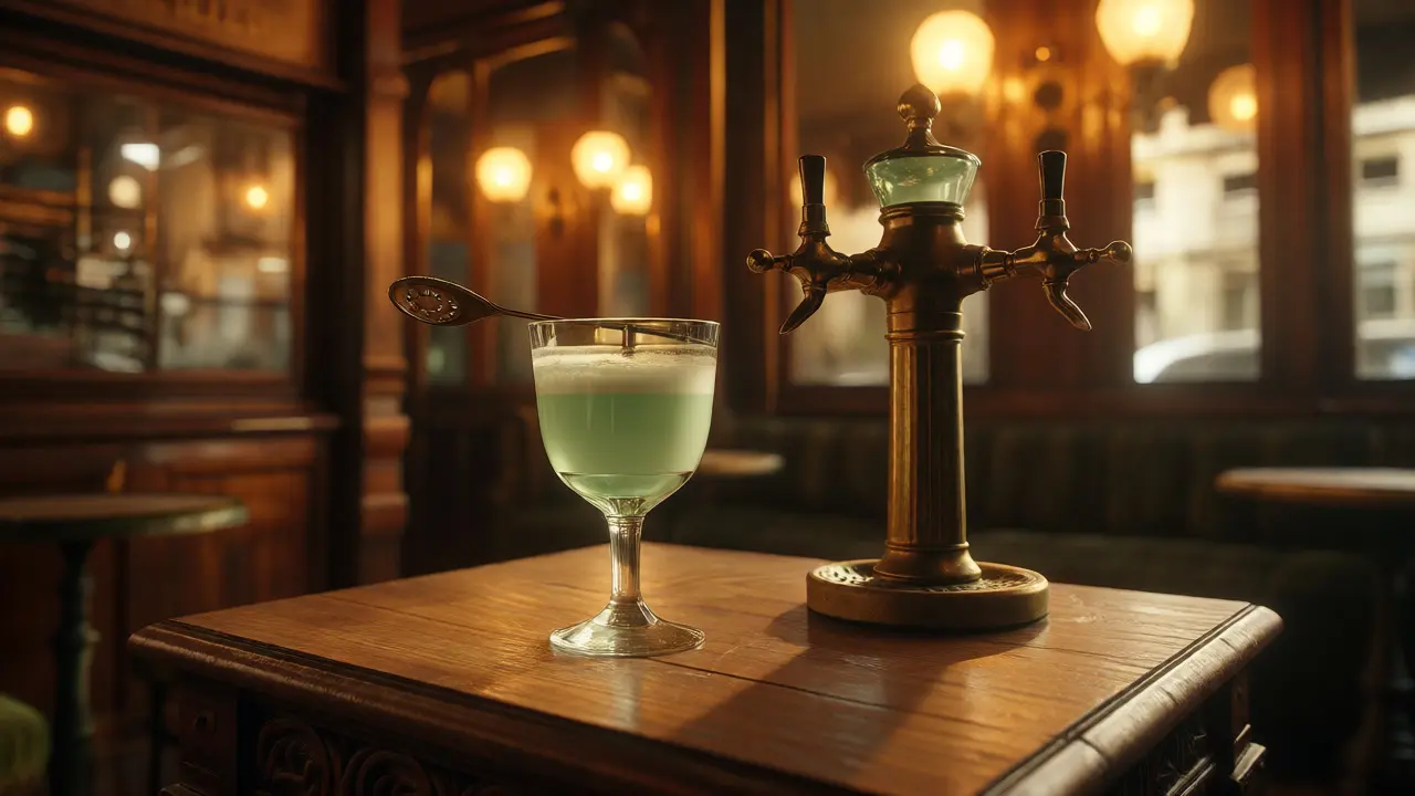 Sklenice zamlženého absintu s lžící a fontánkou na dřevěném stole ve stylu staré kavárny.