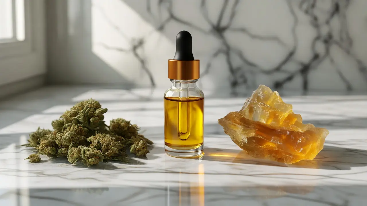 Srovnání sušeného konopí, CBD oleje a pevného CBD vosku na mramoru