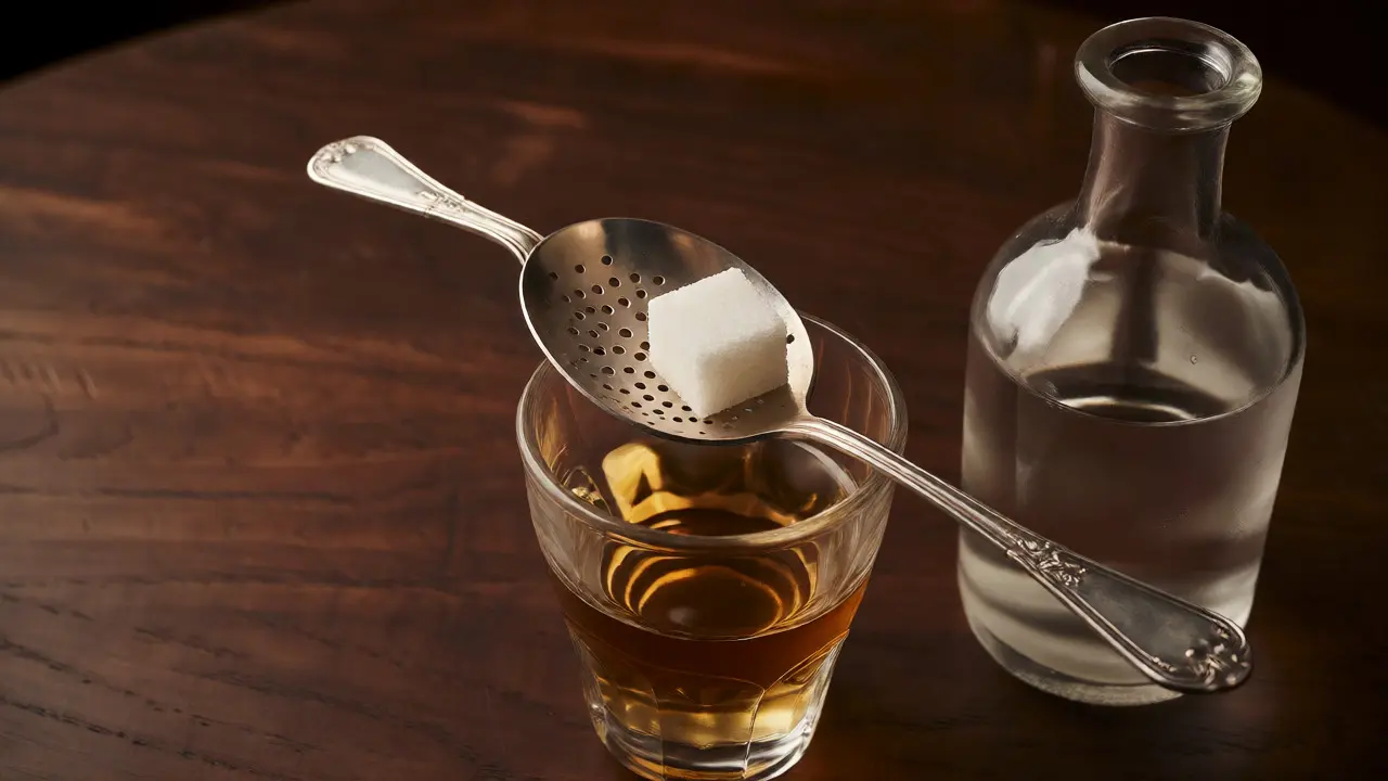 Stříbrná lžička s cukrem nad sklenicí absintu