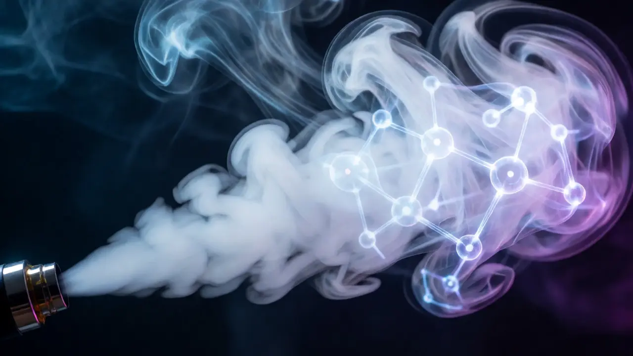 Výdech páry z vapingu s vizualizací rychlého nástupu účinku