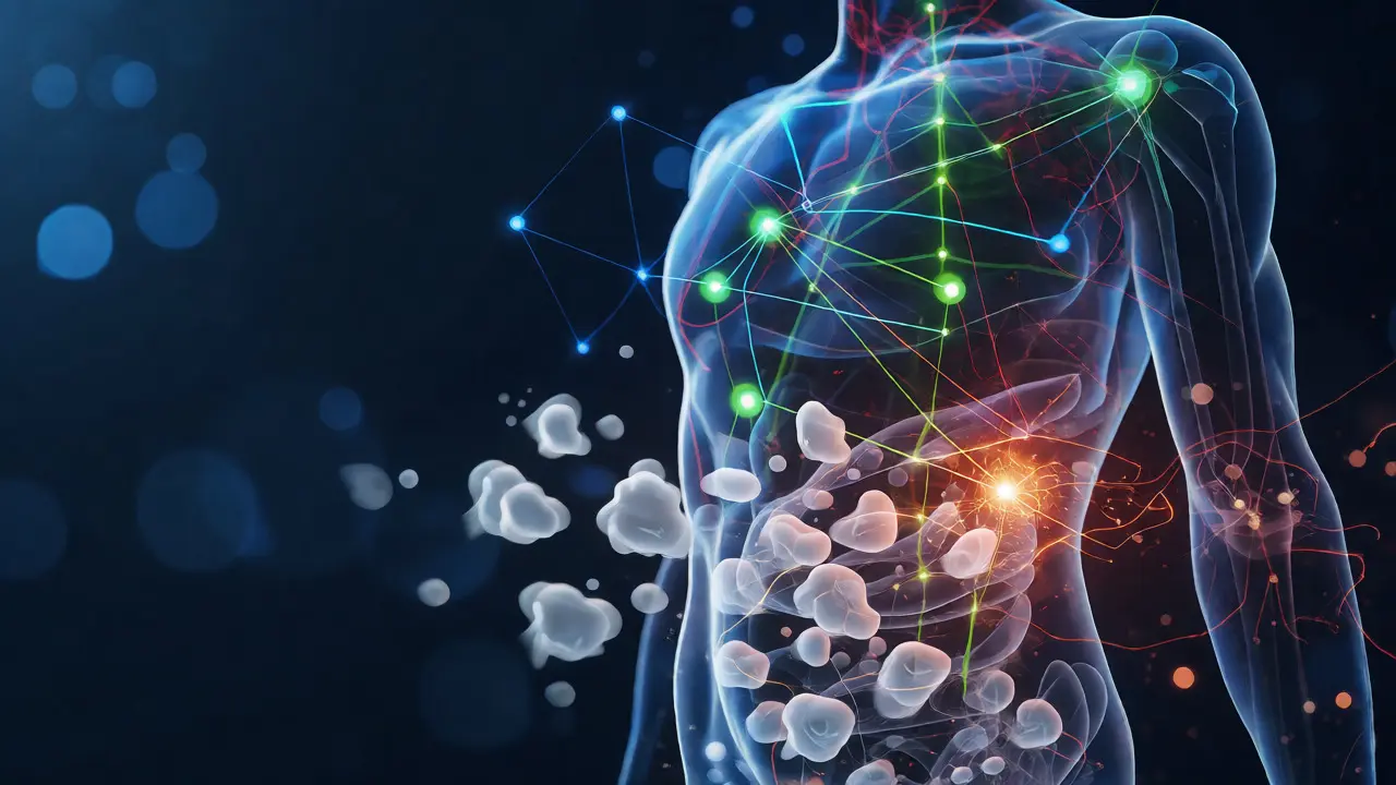 Abstraktní znázornění endokanabinoidního systému a metabolismu
