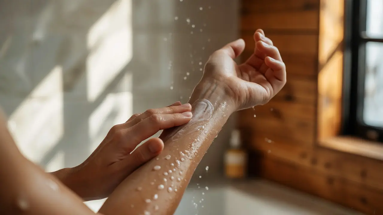 Aplikace CBD lotionu na vlhké předloktí po sprše