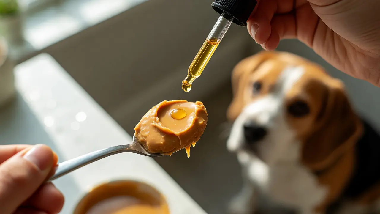 Dropper adding CBD oil to peanut butter for a waiting Beagle